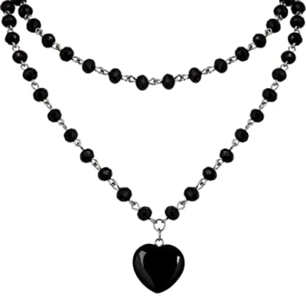 Layered Black Beaded Heart Choker, Gothic Emo Grunge‎ Y2k Necklace